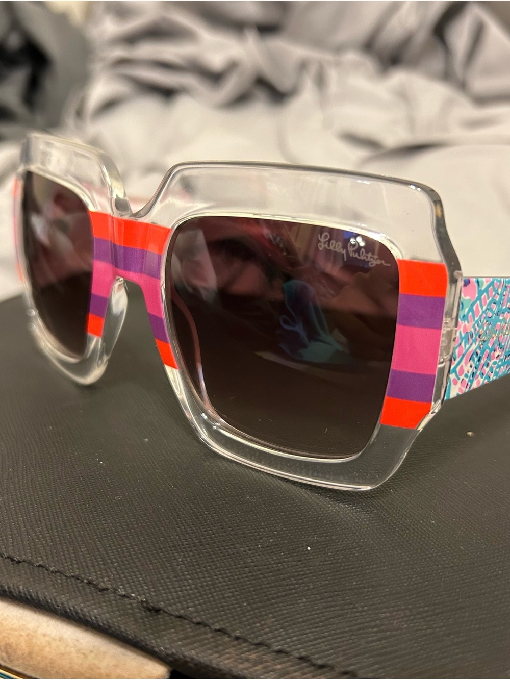 Lilly Pulitzer Overized Clear Square Sunglasses with Pink & Orange Stripes